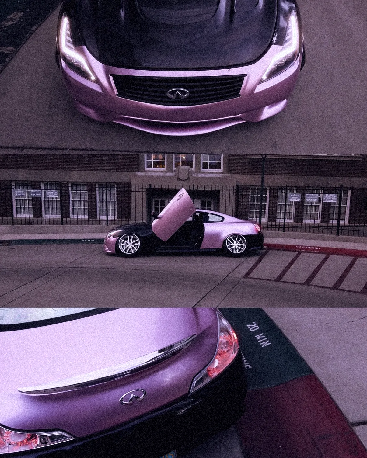 Collage of the pink Infiniti from the front, side and rear