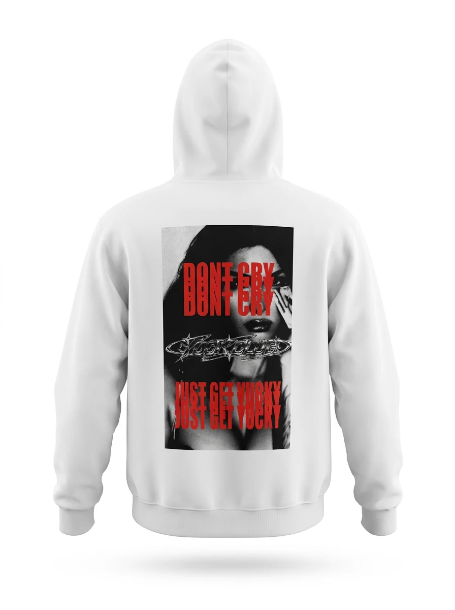 White Don't Cry hoodie, back print